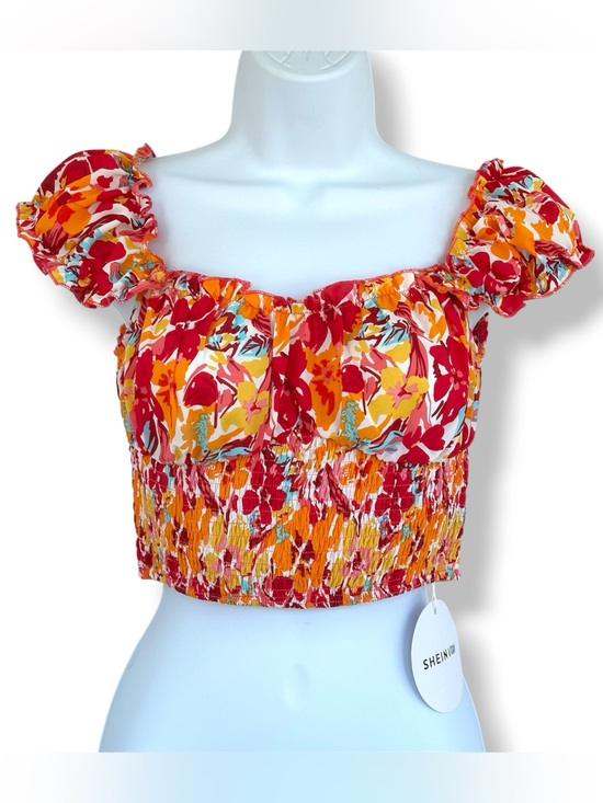 SHEIN Tops - SHEIN Pink & Orange Floral Smocked Puff-Sleeve Crop Top